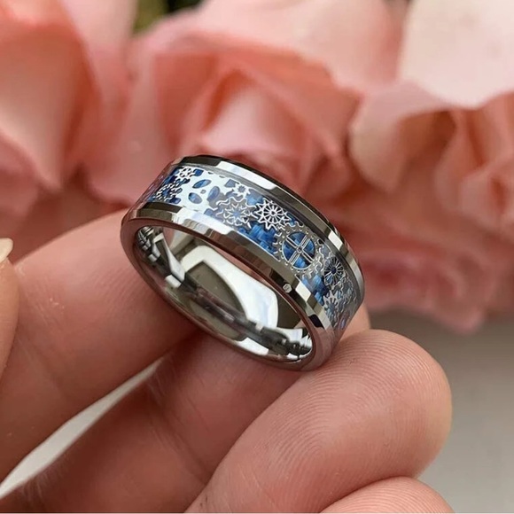 New Sz11 cool gears design steampunk ring with blue accents trendy wedding band - Picture 3 of 3